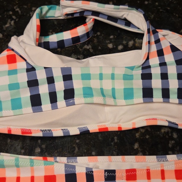 AERIE WOMENS Plaid Two-Piece High-Waist Swim Set - Coral, Aqua & Navy - Picture 5 of 6